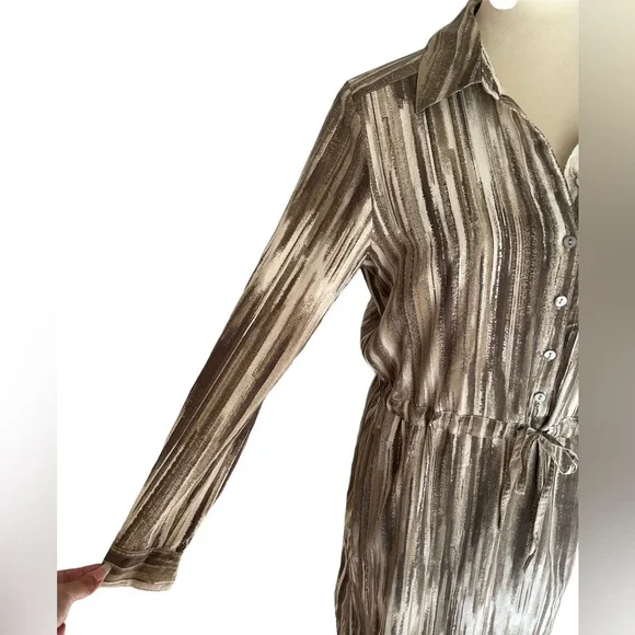 J.‎ Jill 100% Silk Neutral Striped Pattern Long Sleeve Shirt Dress Women Size M - Picture 4 of 6